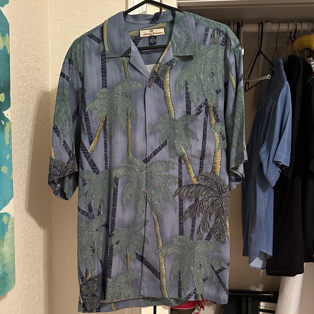 Tommy Bahama Medium Blue and Green Palm Print Shirt
